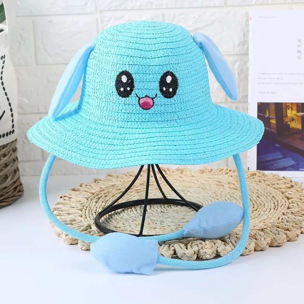 

Summer Kids Straw Hats with Moving Ears Wide Brim Sun Hat Beach Hat Outdoor Children Bucket Cap Fisherman Hat