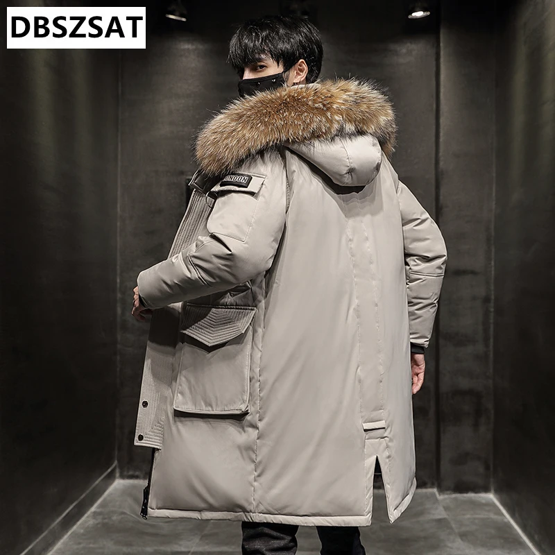 XKK 2025 Fashion Winter Coats Men Fur Collar Thicken Long Down Jacket Men Hooded Warm Loose Parkas White Duck Down Winter Coat