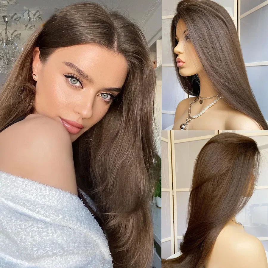 

Soft Long 28inch Brown Silky Straight 5x5 Silk Base Jewish Human Hair Wig Glueless BabyHair HD Lace European Hair Preplucked Wig