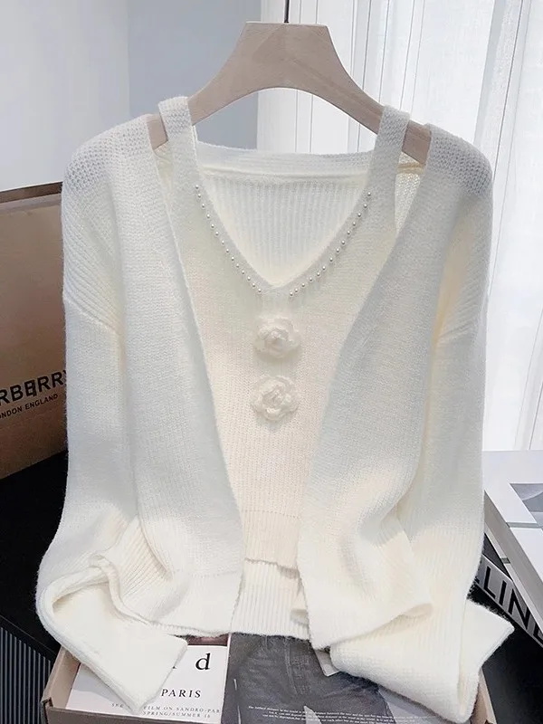 

Heavy Embellied Knitted Sweater Set Women's Autumn Winter Warmth V-ne Long Sve Loose Fit Two-piece Set Self-keep Sle