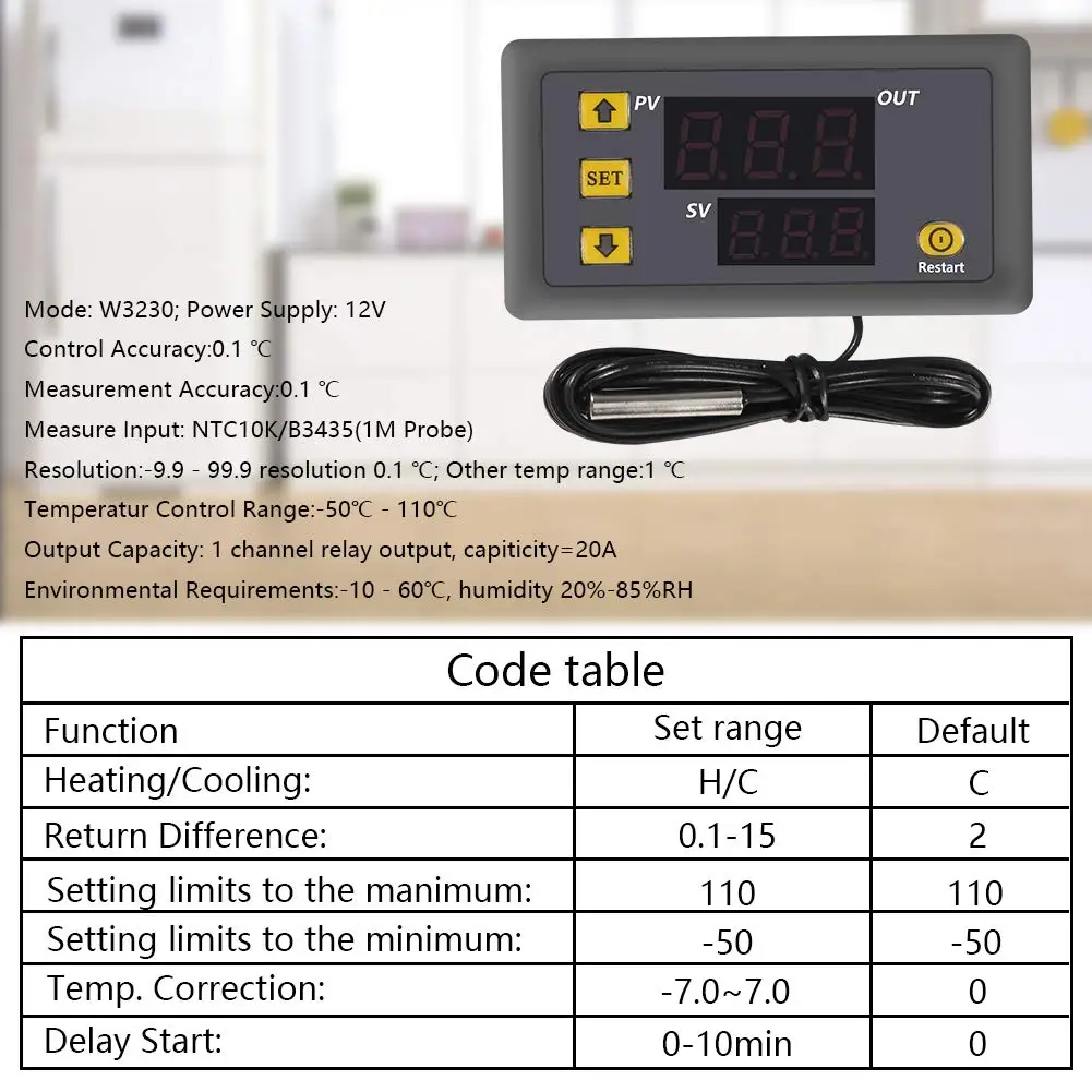 W3230 DC12V/24V línea de sonda Control de temperatura Digital pantalla LED termostato con instrumento de Control de calor/refrigeración