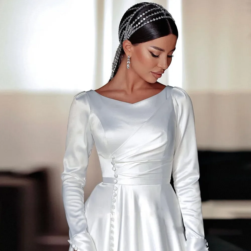 OYISHA Elegant Satin Garden A Line Wedding Dress For Women 2023 Buttons Front Bride Gowns Long Sleeve Simple Vestido De Mariages