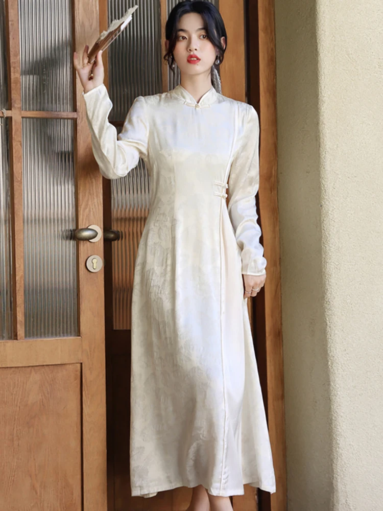 المرأة الكورية خمر حفلة فاخرة Vestidos الخريف الأبيض الساتان الجاكار الوقوف طوق فستان طويل 2025 فستان شيونغسام أنيق جديد #1