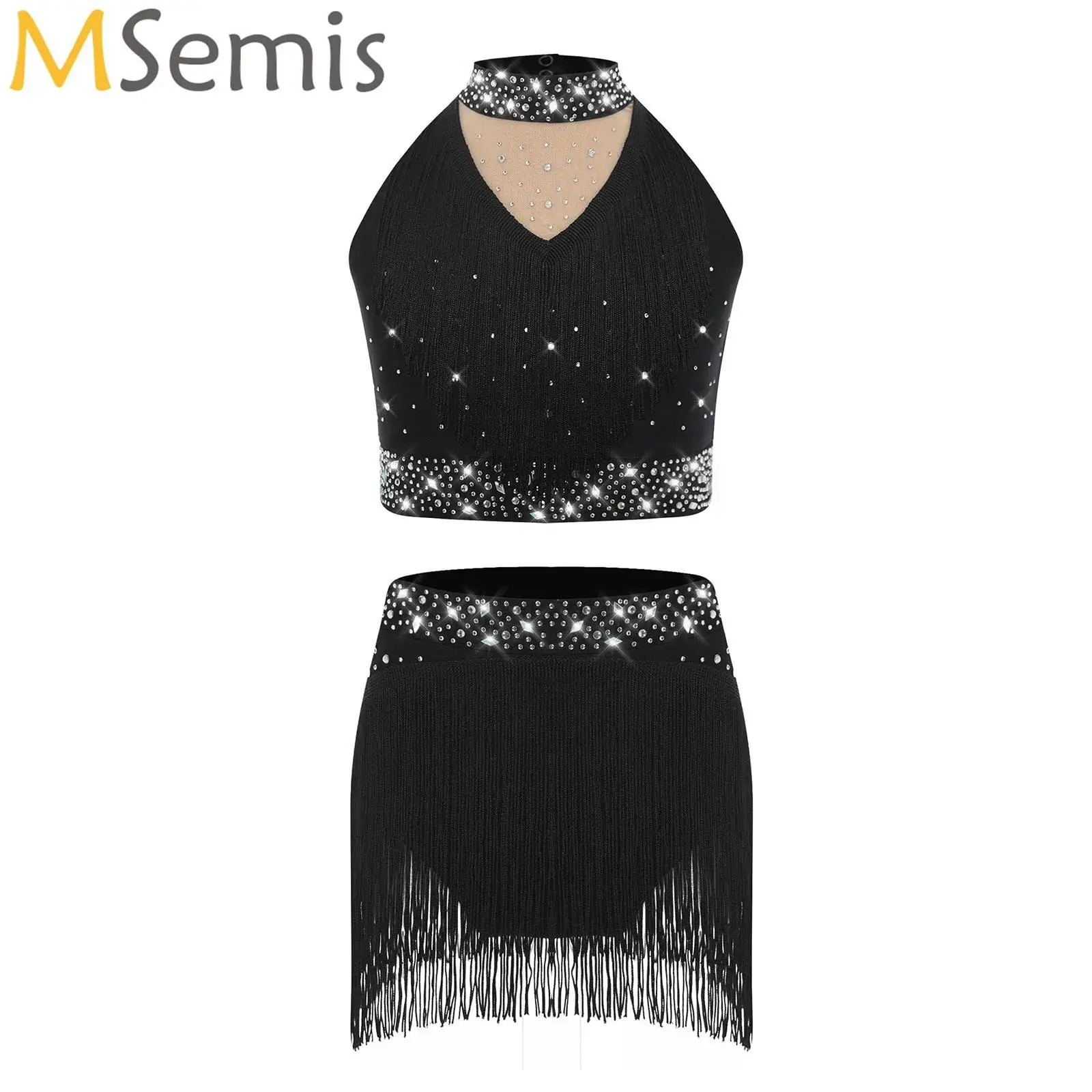 

Child Latin Dance Set Black Competition Clothing for Girls Fringe Vest Tops Sequins Tassels Skirts Suit Samba Cha Cha Wear