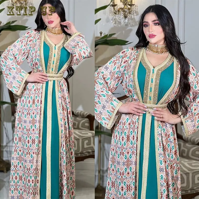 

Eid Muslim Dress Middle East Women Two Piece Dresses Arab Dubai Print Light Luxury Diamond Robe Abaya Moroccan Kaftan Arabic