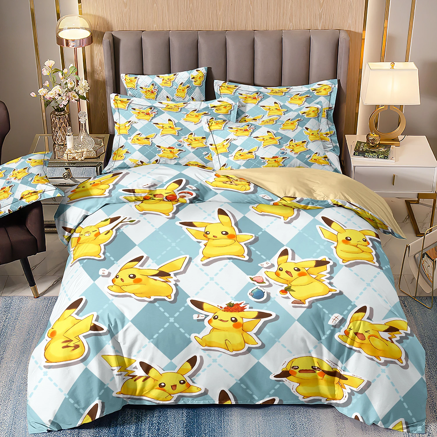 Pokemon Pikachu Bedding Set,Cartoon Anime Quilt Cover for Kids boys Girls gift Queen King Size Bedding Set,