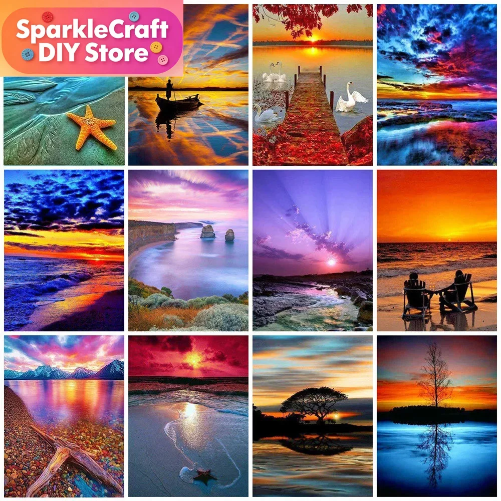 Rahmenloses, vollflächiges Diamant-Gemälde, quadratisch, Landschaft, 5D DIY Diamant-Stickerei, Meeressonnenuntergang, Bild mit Strass-Sonnenaufgang