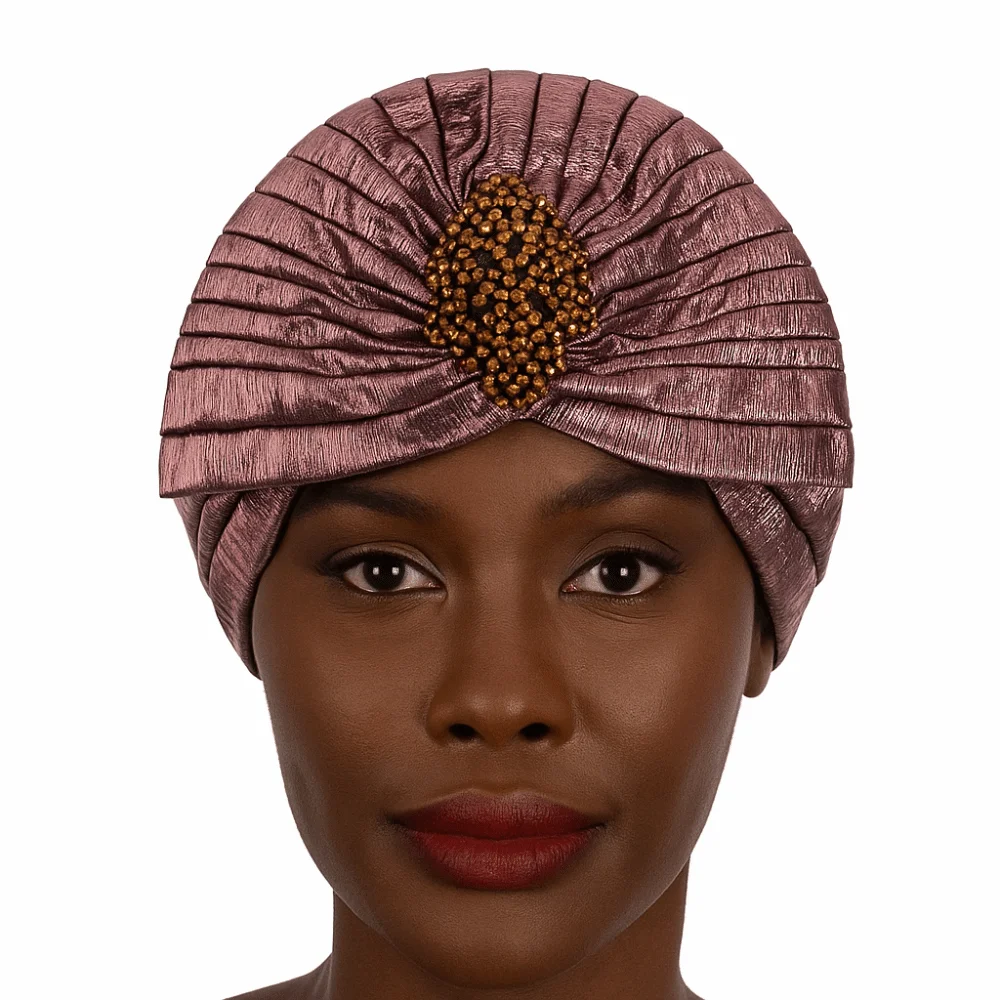

Top Knot Arab National Hat Elastic Stretch Beaded Retro Pleated Headscarf Hat Head Wrap Cap Soft Gilded Indian Hat Outdoor