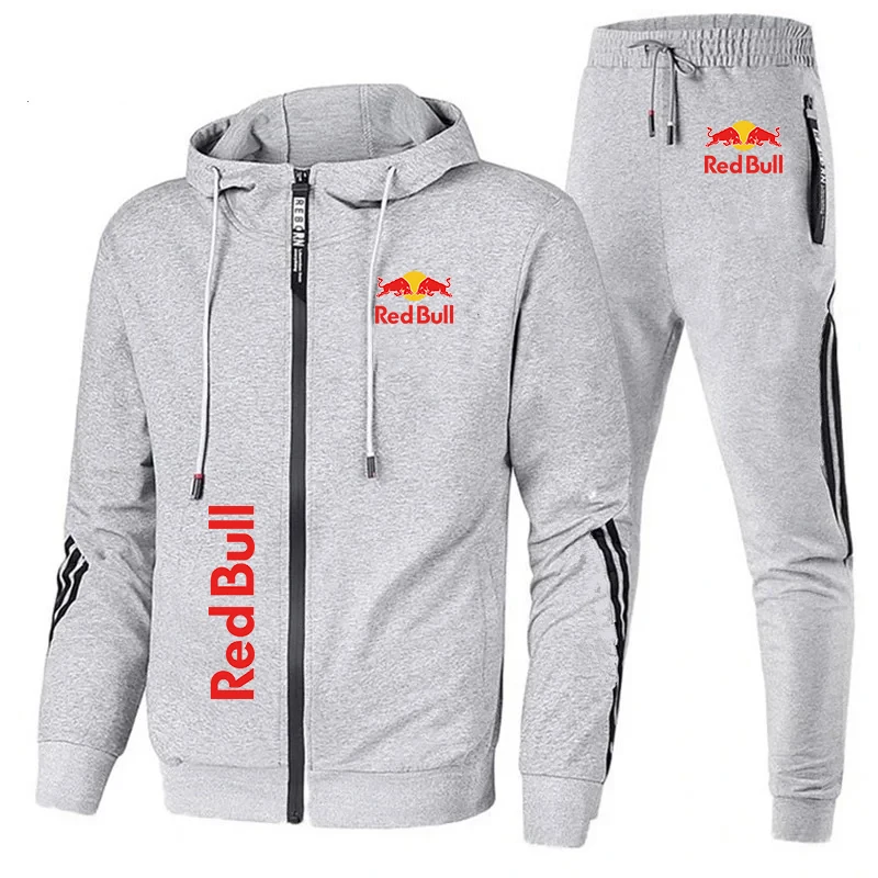 Red Bull Racing Logo Print Men Sportswear Hoodie Sets Zip Sweatshirt+Pants 2 Piece Suit Extreme Sports Custom Red Bull Tracksuit