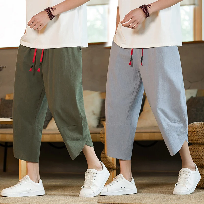 

M-5XL Summer New Men's Cropped Pants 95% Cotton Thin Loose Pants Japanese Style Elastic Waist Casual Pants
