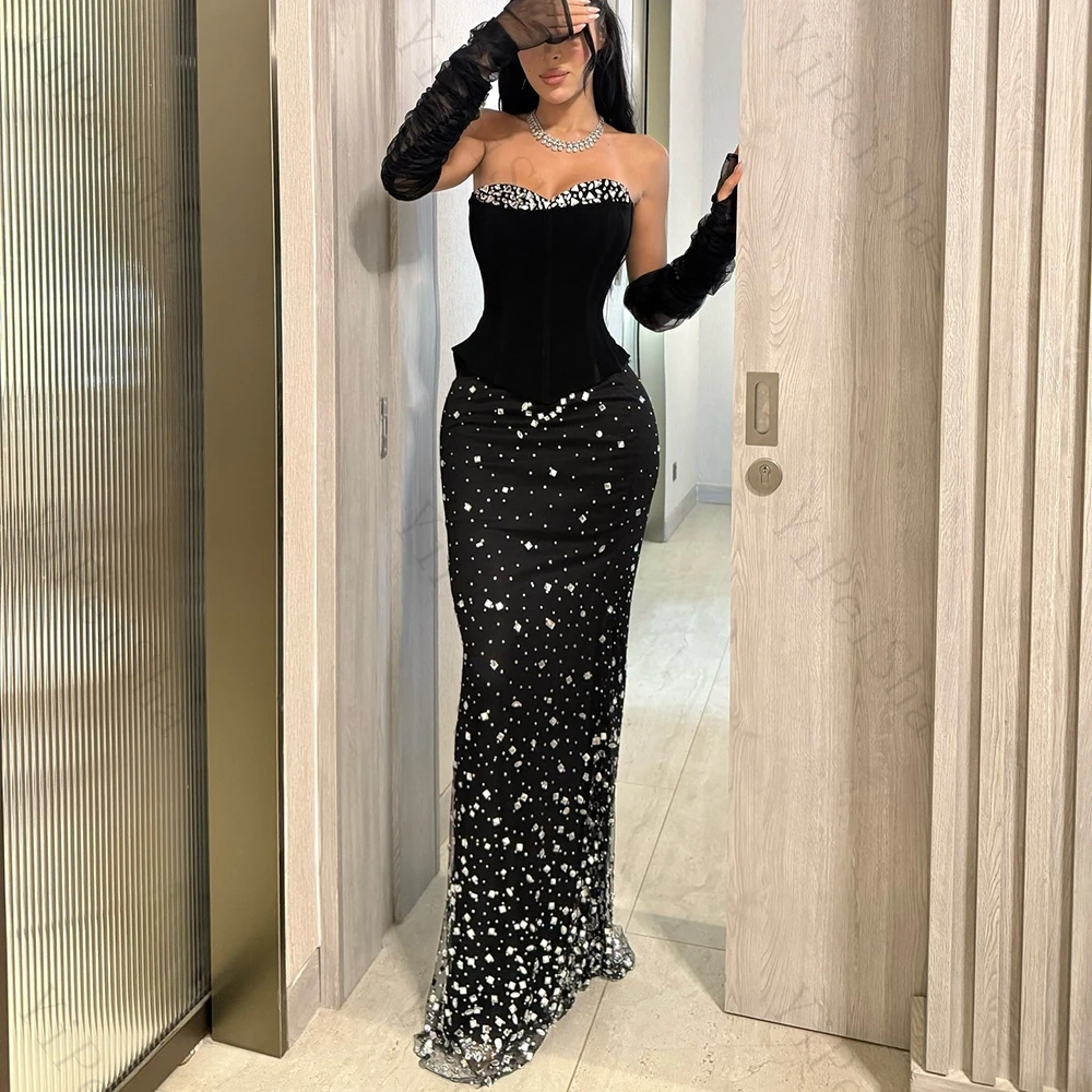 

Customized A-line Evening Dresses Floor-length Strapless Three Quarter Sleeve Prom Gown Fsahion Crystal Backless Party Gown