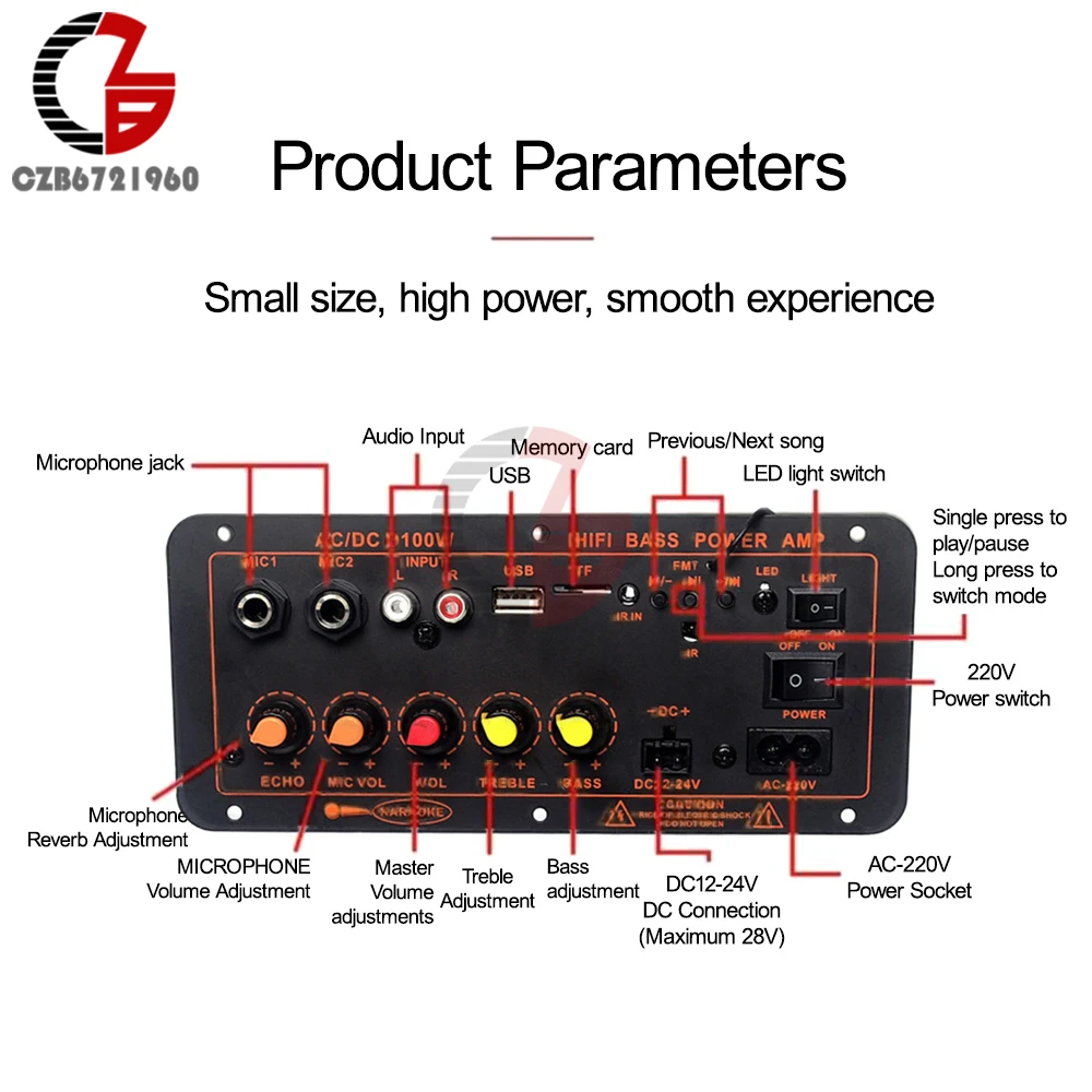 D100W High-power Bluetooth Power Amplifier Board AC 220V DC 12-24V Amplifier 5V Wireless Module Suitable For 8-12 Inch Speakers