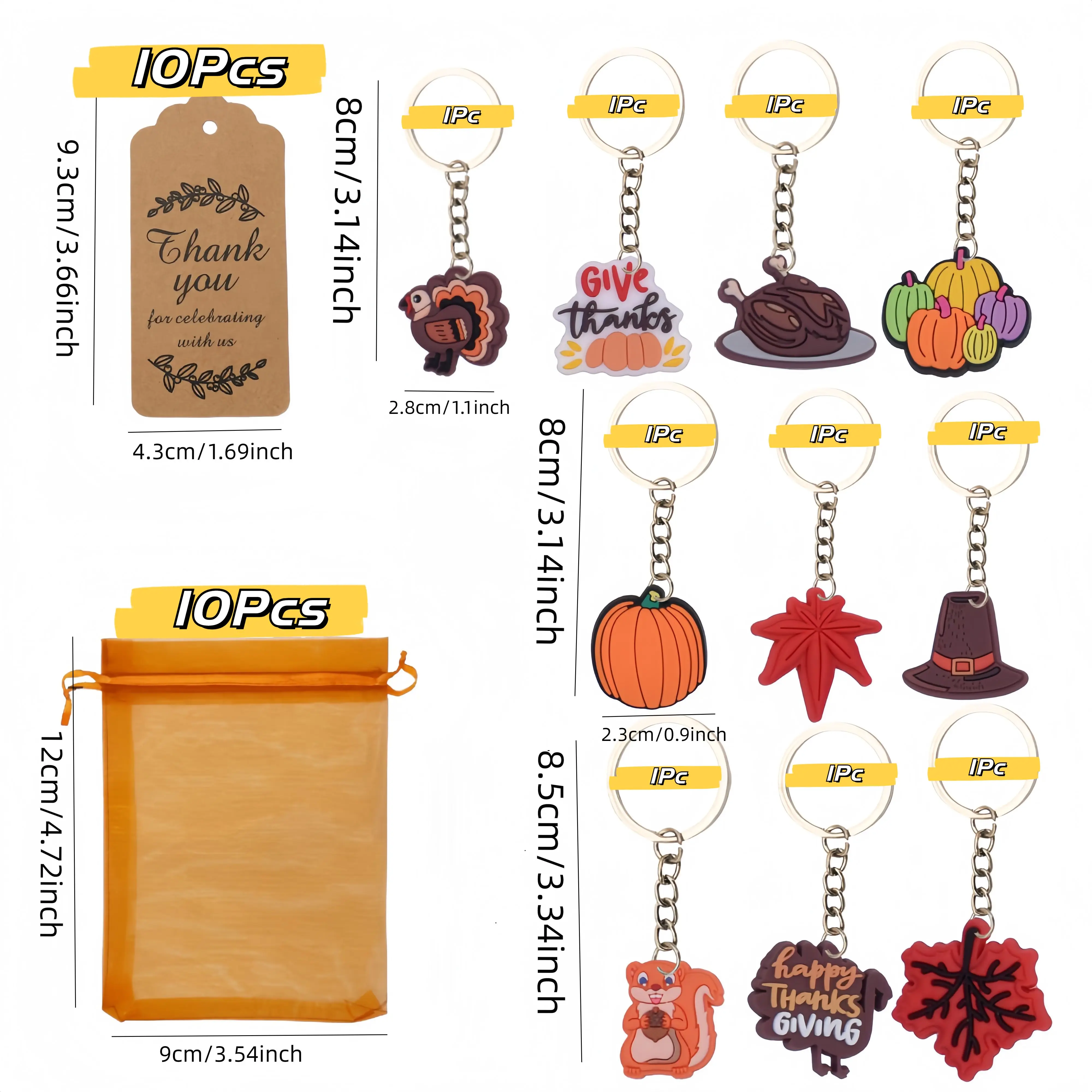 10Sets,Thanksgiving Day Party Favors Pumpkin Turkey Keychains Thank You Tags Gift Bags for Autumn Thanksgiving Day Halloween