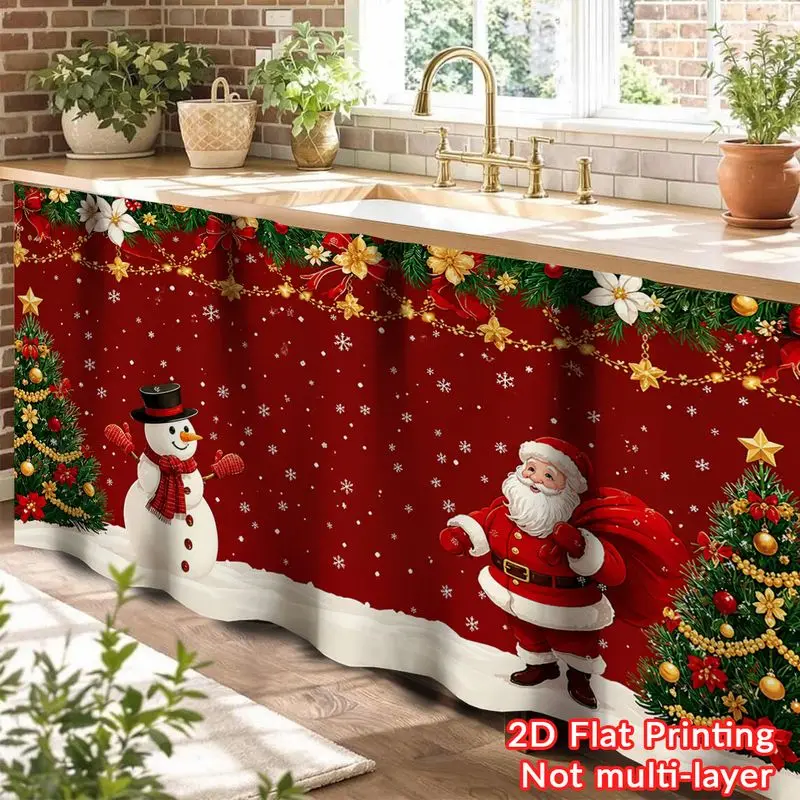 VIKAMA Christmas Bar Counter Curtain Santa Snowman Tree Print Party Shelf Cover 2D Flat Not Multi-Layer Holiday Home Decor
