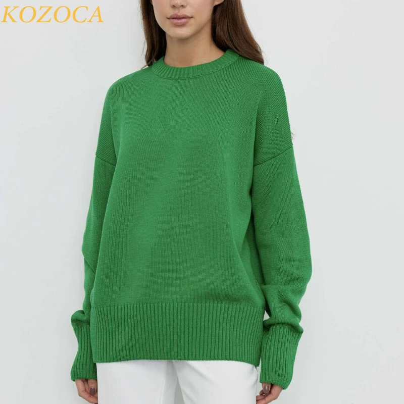 Kozoca Sweaters for Women 2023 Winter Vintage Solid O-neck Knitted Oversized Sweater Women Jumper Long Pullovers Sueter Mujer