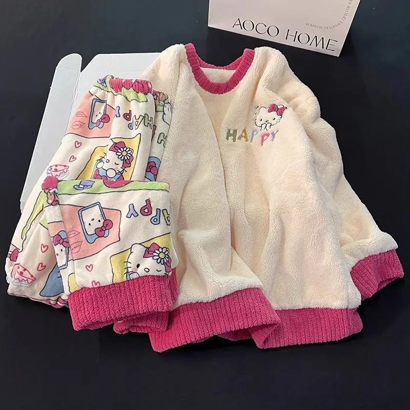 

Коралловые бархатные пижамы для девочек на осень-зиму, милый милый фланелевой комплект Hello Kitty, теплый и удобный комплект домашней одежды для ношения