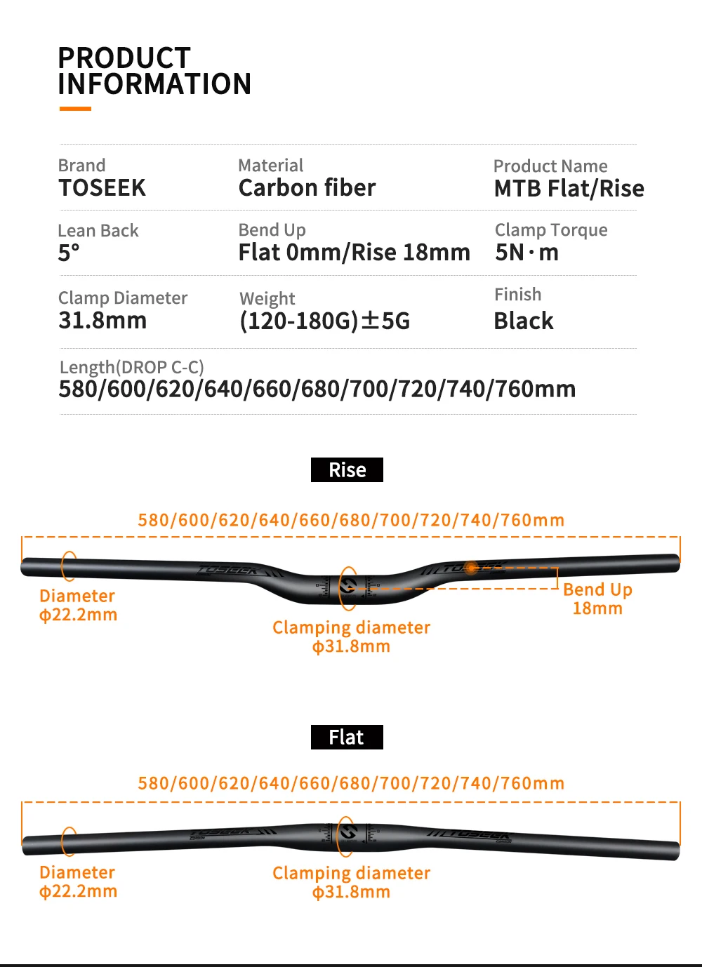 TOSEEK TM11 Schwarz Matt Carbonfaser-Lenker MTB Fahrradlenker Mountainbike-Lenker 31,8mm Riser oder Flachlenker 580-760mm – Detail 6