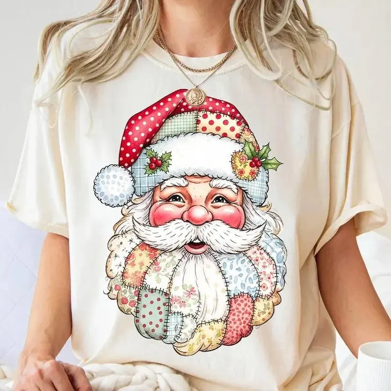 

Patchwork Santa Claus T-Shirt Retro Xmas Sweatshirt Merry Christmas Holiday Preppy Tee SantaClaus Pattern Regular Unisex Shirt