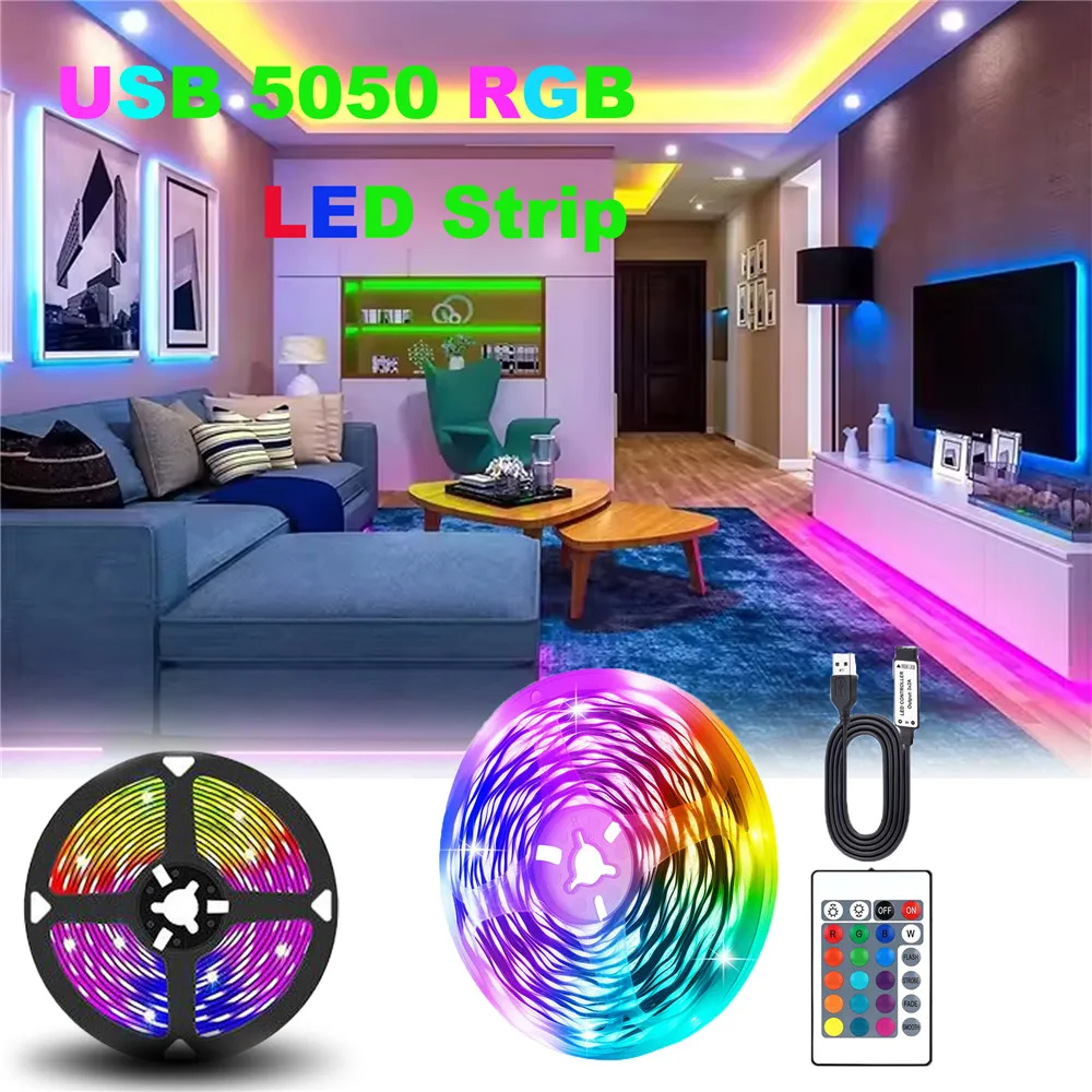 5V USB RGB LED Strip Light 24key ชุดรีโมทคอนโทรล 5050 30 LEDs/M หลายสีเทป DIY ตกแต่งสําหรับห้องนอน