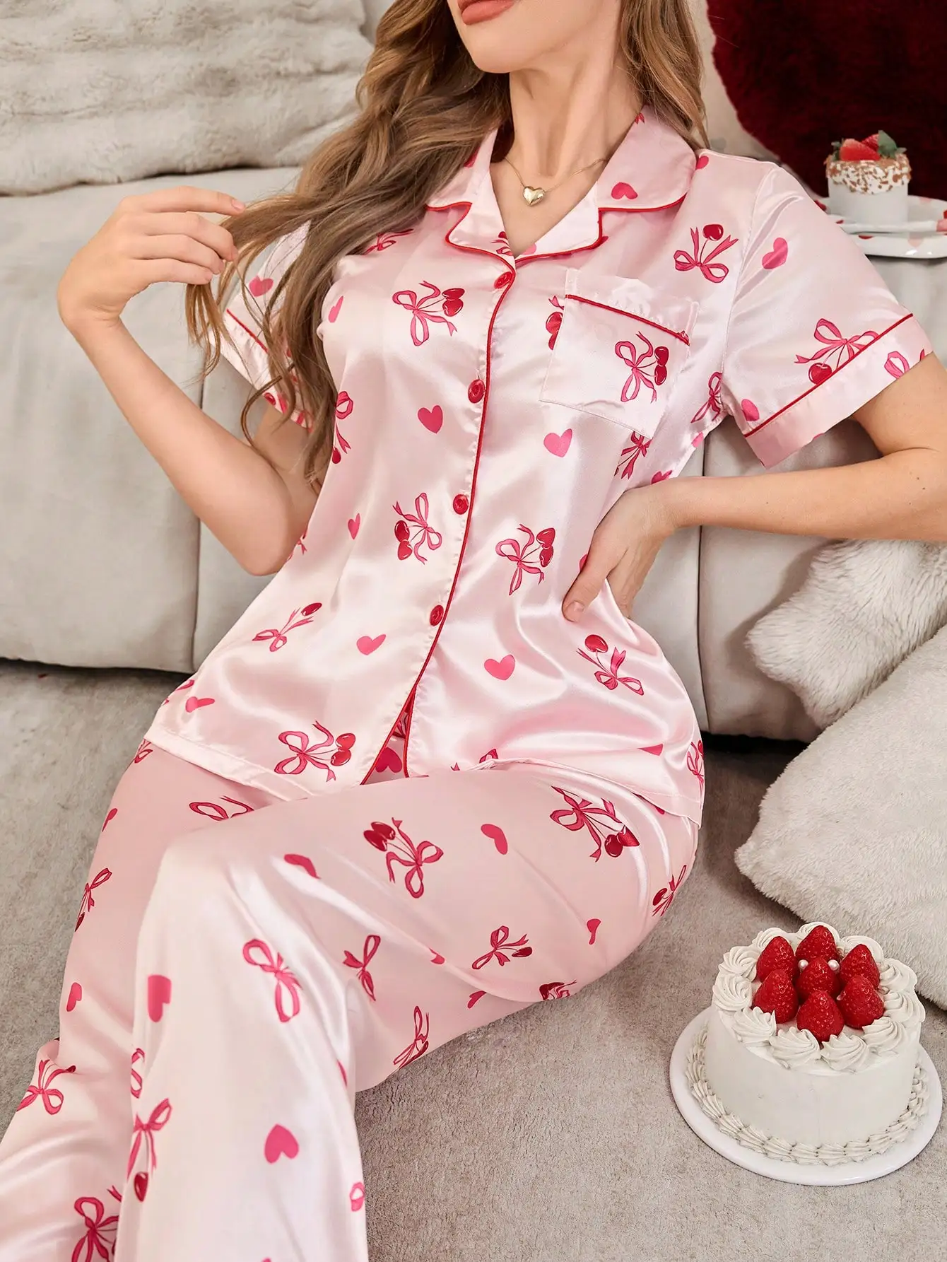 

Pink Faux Silk Pajama Set with Bowknot Cherry Print, Short Sleeve Lapel Top & Pants