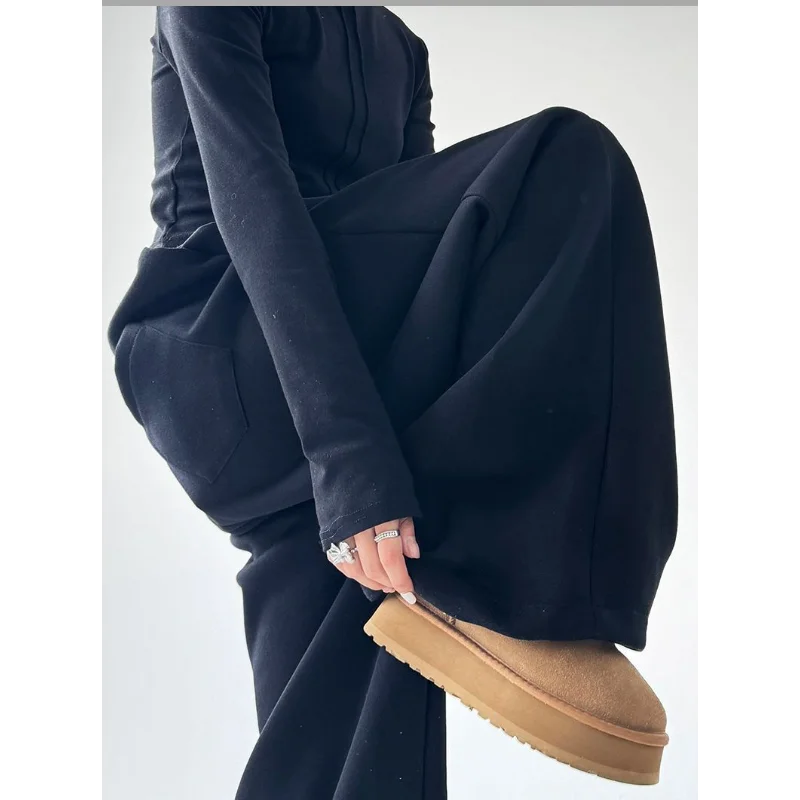 Dames lente en herfst 2025, nieuwe gestikte elastische hoge taille, rechte drapering, smalle bananenbroek met wijde pijpen