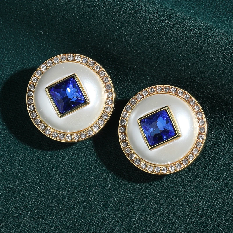 

Round White Natural Pearl Earrings Vintage Stud Rhombus Blue Crystal Inlaid Retro Jewelry Antique Gold Plated Accessories 2026