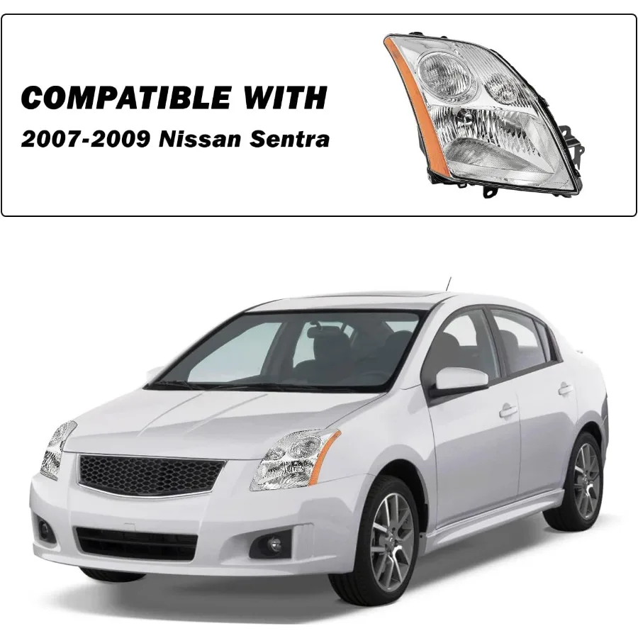 Headlight Assembly Compatible with 2007-2009 Nissan Sentra for Enhanced Night Visibility and Improved Driving Safety Chrome Fin