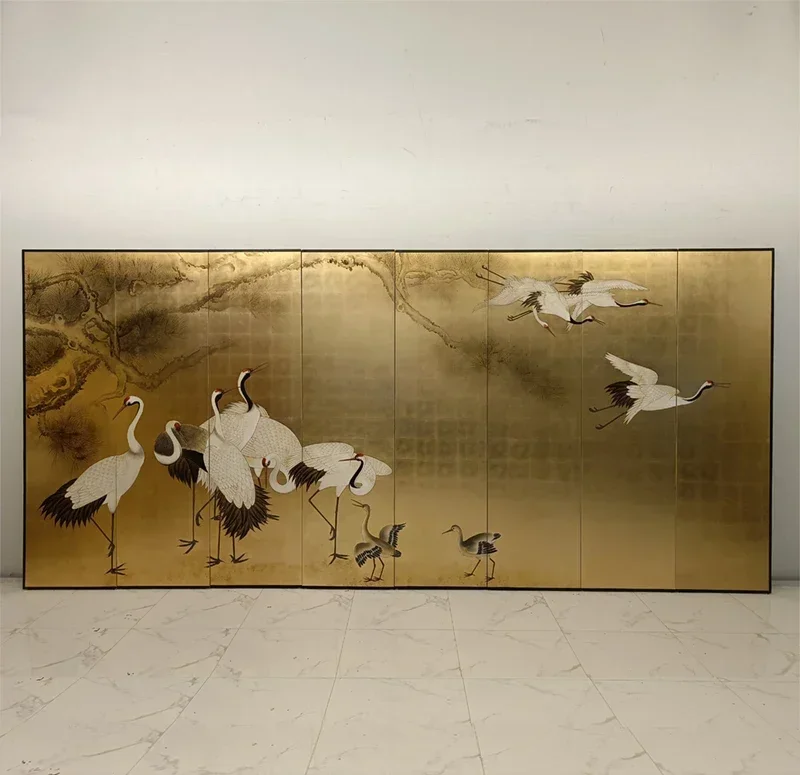 Custom Japanese crane back folded mobile solid wood ancient screen gold foil hand-painted living room background wall