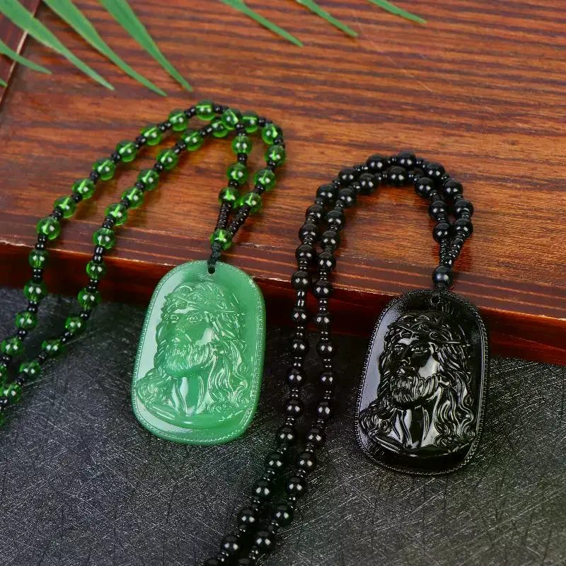 Classic Religious Emerald Green Imitation Jade AmuletStatue Pendant Necklace Men Women Prayer Jewelry Gift