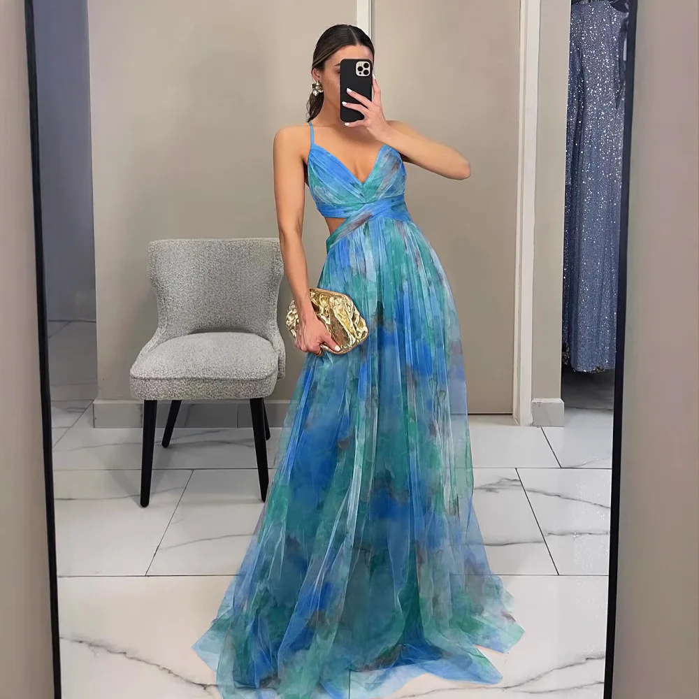 Abito estivo da donna nuovo con cinturino con stampa a rete Abito lungo casual maxi con scollo a V Abito colorato sexy