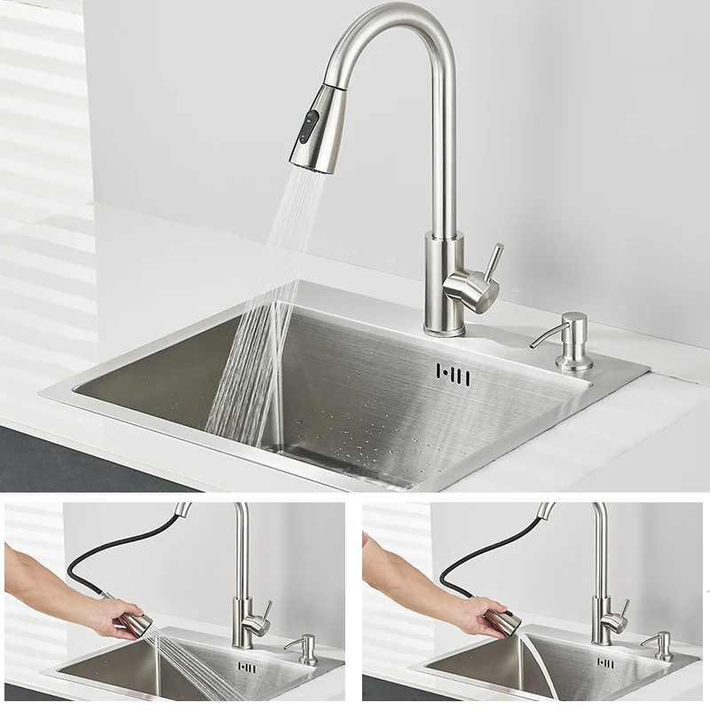 المطبخ الفولاذ المقاوم للصدأ نحى حوض غسيل الخضار تحسين المنزل فتحة واحدة مع المصارف خلاط الماء البارد والساخن