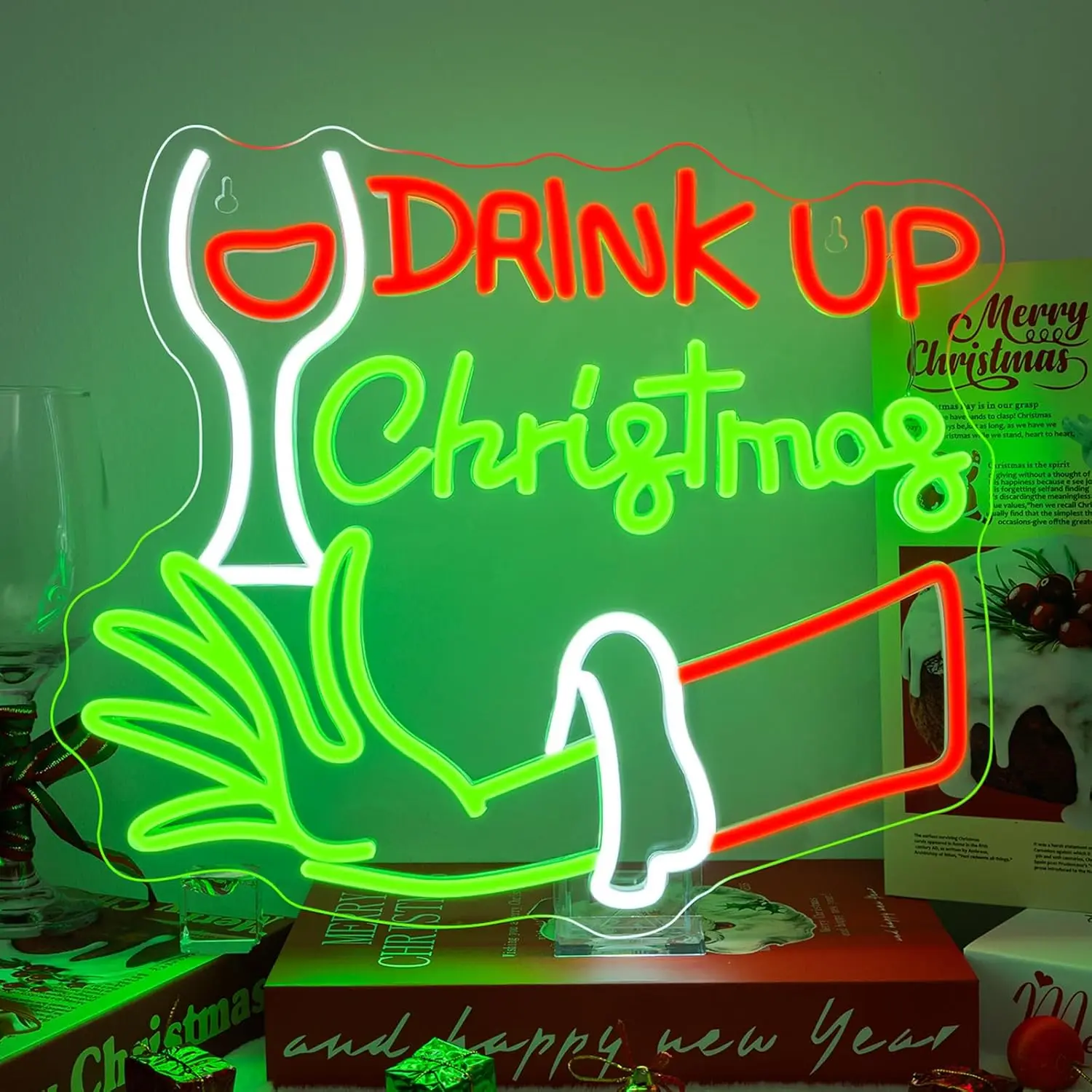 グリーンモンスターワイングラスネオンサイン、ホームバー、ゲームルーム、マンケイブ用のledウォールデコレーション、明るさ調整可能、ユニークなギフトアイデア