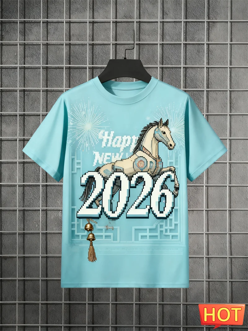 سنة جديدة سعيدة 2026 رسائل الحصان نمط تي شيرت الموضة العصرية الرجال النساء قصيرة الأكمام ثلاثية الأبعاد تي شيرت مطبوع فضفاض الشارع الشهير تيز #3
