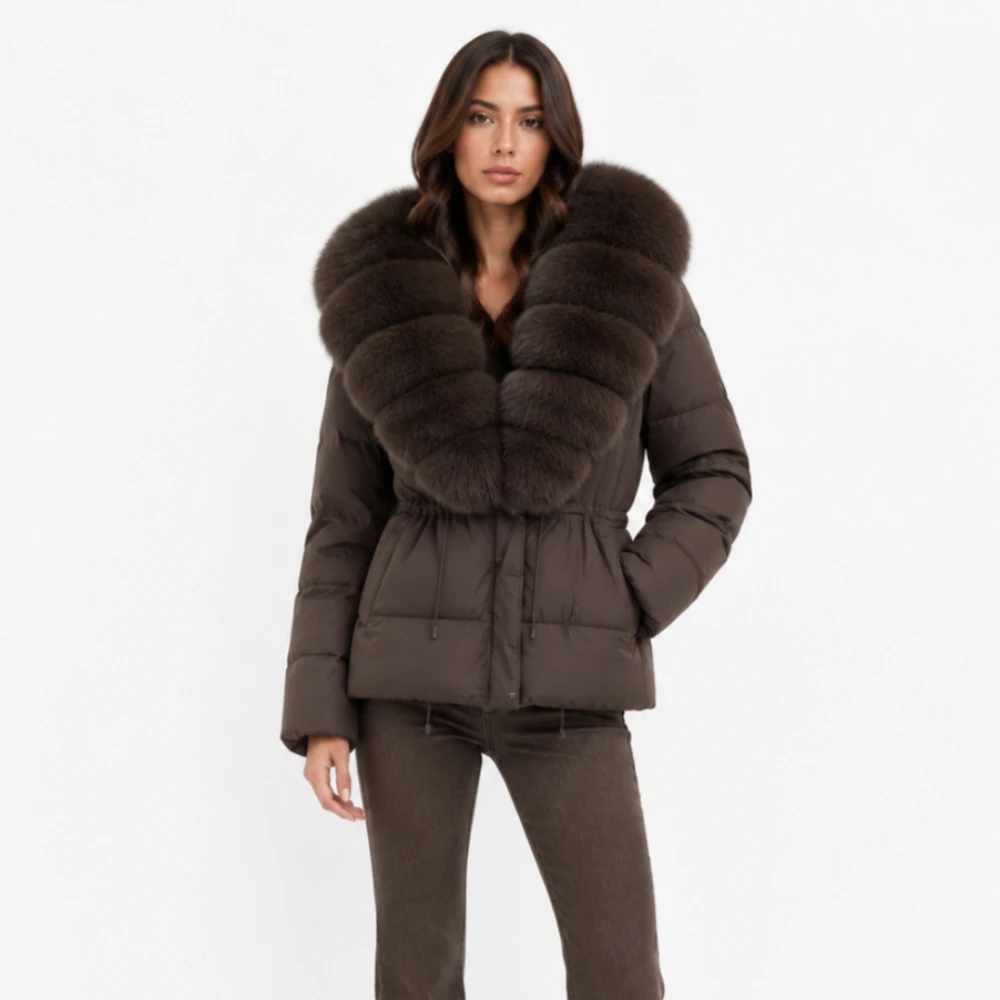 OFTBUY Jaqueta de Pele com Gola de Pele Natural, Casaco Feminino de Inverno com Capuz Quente de Pena de Pato, Casaco Feminino de Pele de Raposa, Jaqueta Puffer Feminina de Pele Natural de Guaxinim