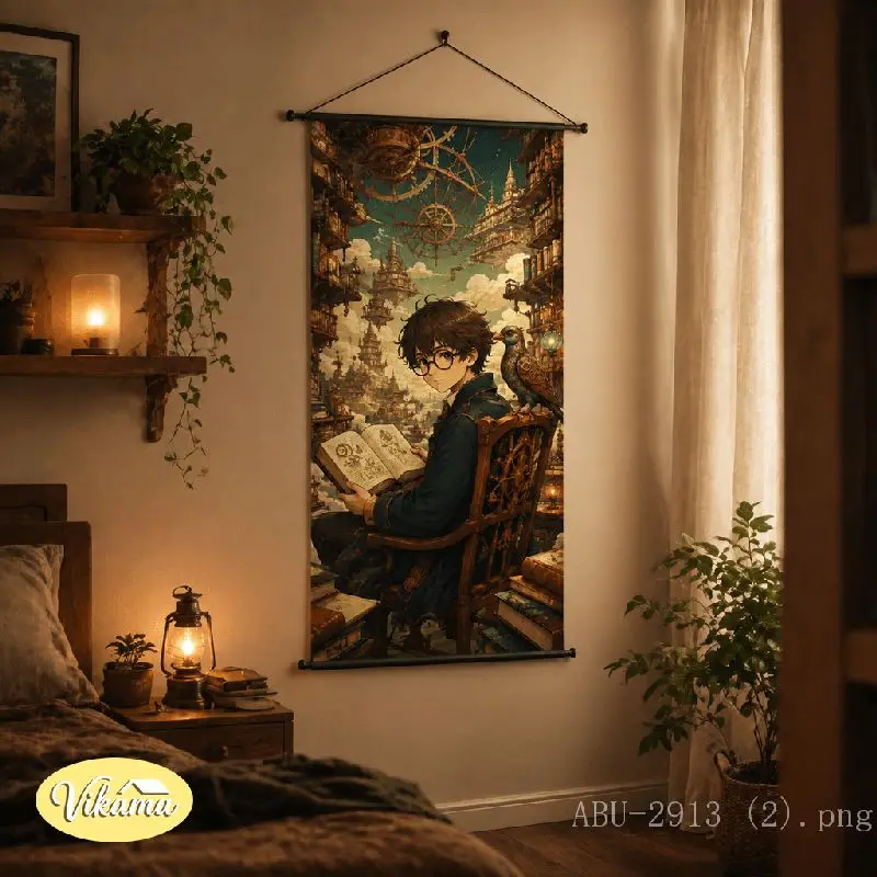 VIKAMA Steampunk Anime Girl Tapestry Airship Harbor Dock Blue Dress Vintage Adventure Art Wall Hanging for Bedroom Home Decor