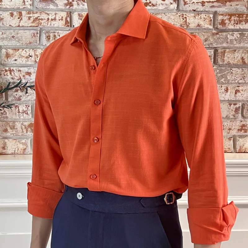 Business Formal Dress Shirt Long Sleeve Shirt Men British Style Casual All-match Solid Color Summer Shirt Trendy  Orange