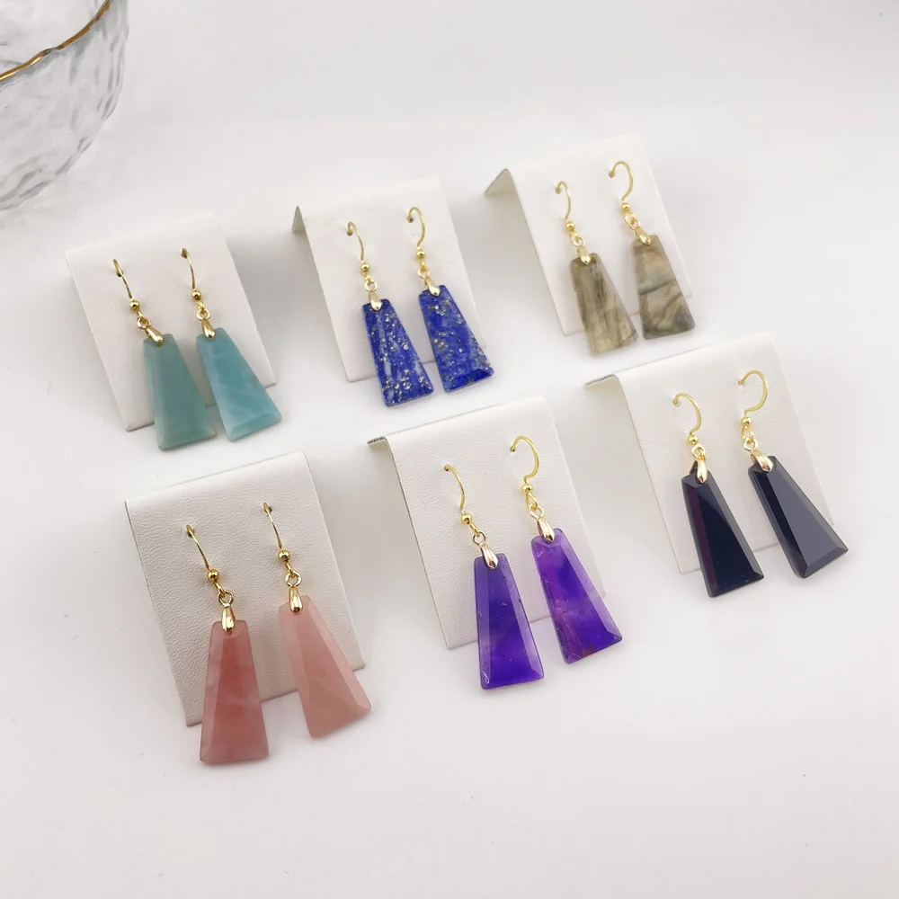 Fashion Natural Crystal Earrings for Women Rectangle Drop Real Gems Stone Amethysts Lapis Pink Crystal Dangle Earrings Healing