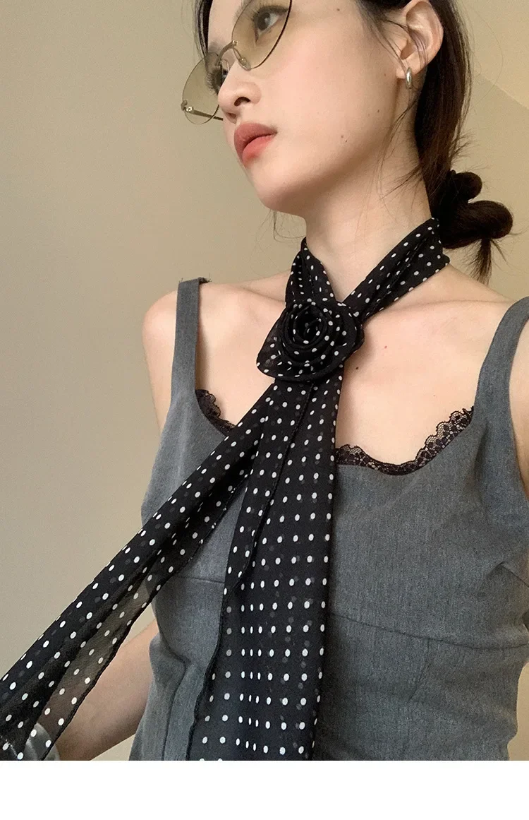 130*14cm Elegant Women Narrow Long Scarf DIY Tie Luxury Print Detachable Flower Headscarf Girls Fashion Ribbon Rose Neckerchief