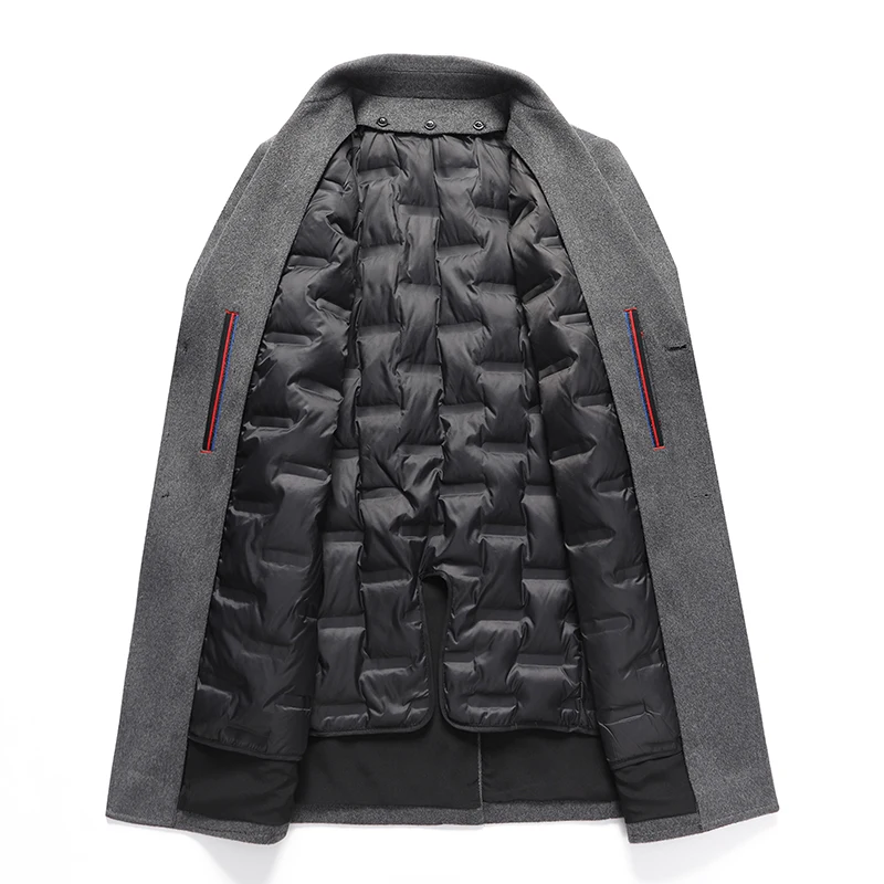 Winter Gentlemen's Wool Blend Overcoat With Detachable Puff Down Vest Soft Warm Coat Gray Black Essential Topcoat Old Money Look