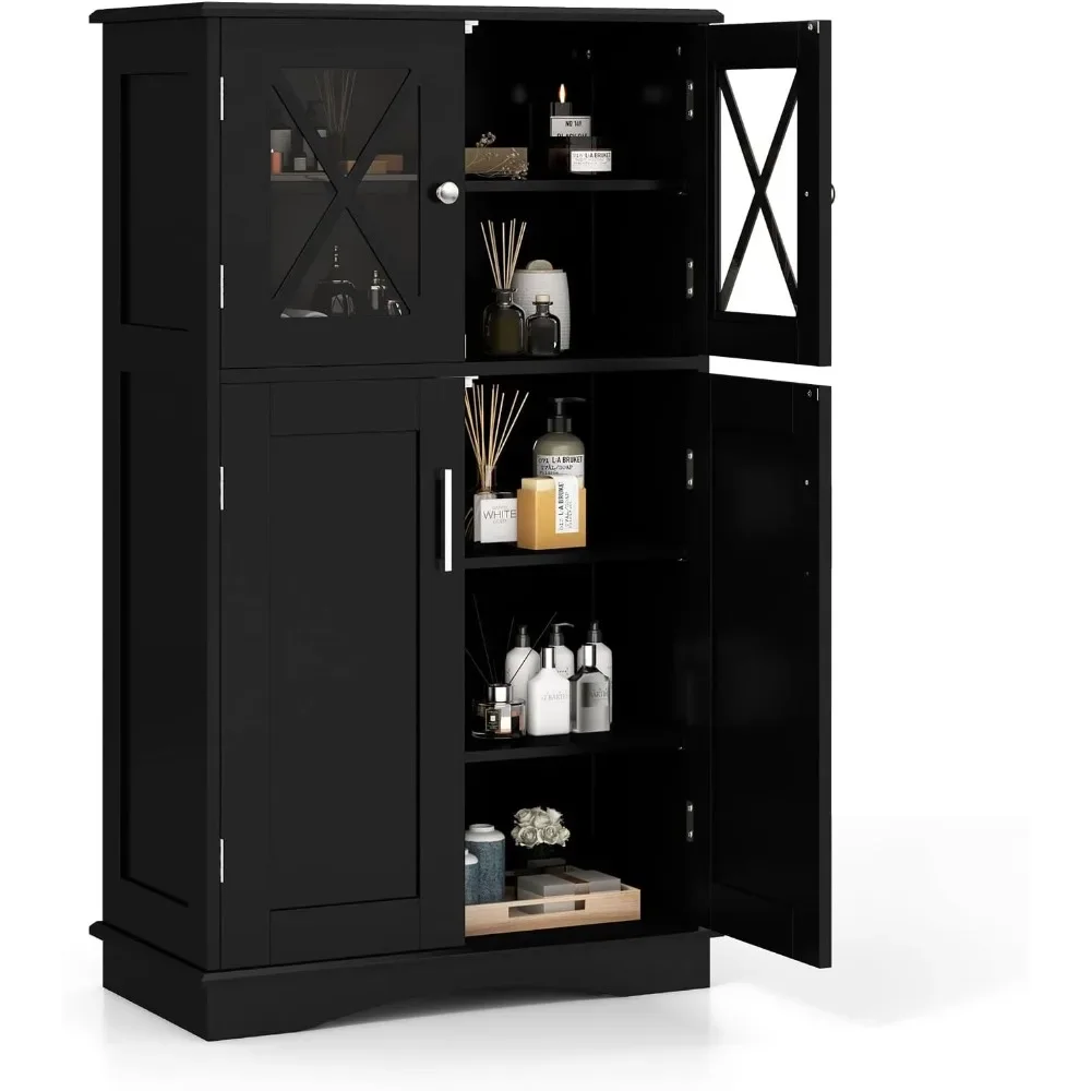 

Bathroom Storage Cabinet, Freestanding Floor Cabinet w/2 Glass Doors, 3-Level Adjustable Shelves, Anti-toppling Design, Kitchen