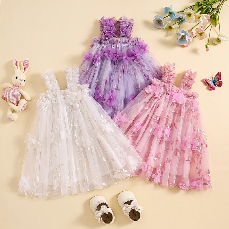 Kids Baby Girls Cami Tulle Dress Square Neck Sleeveless 3D Flower Leaf Embroidery Princess Dress Infant Toddler Summer Clothes