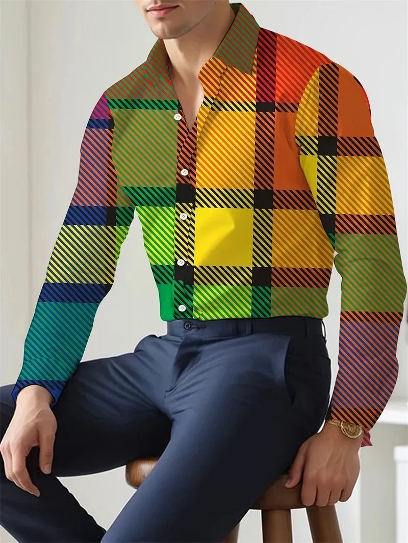 

Multi Colored Grid Print Men's Long Sleeve Shirt Autumn Outdoor Vacation Casual Lapel Button Clothes Loose Breathable Daily Tops