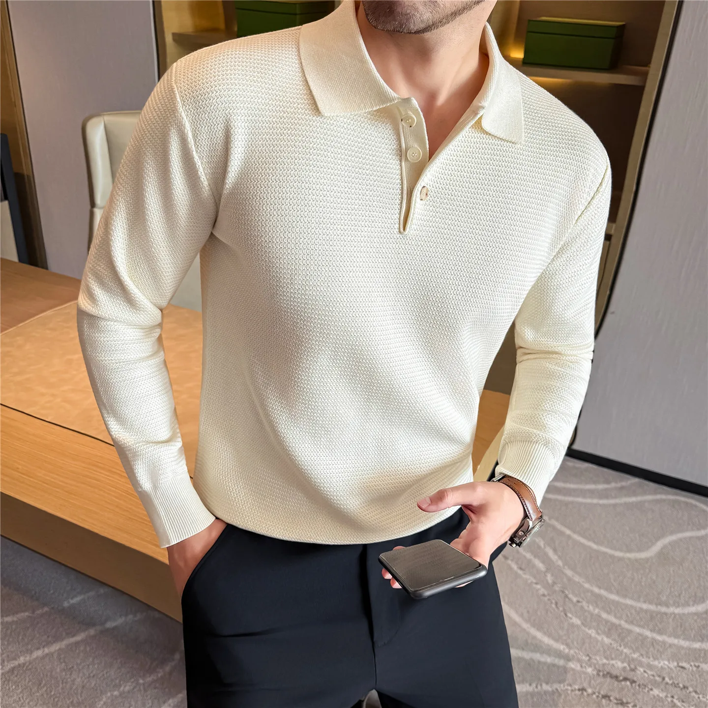 سترة رجالية من مزيج الصوف، أزرار على شكل صدفة بياقة بولو، نمط المال القديم، رمادي فاتح ​