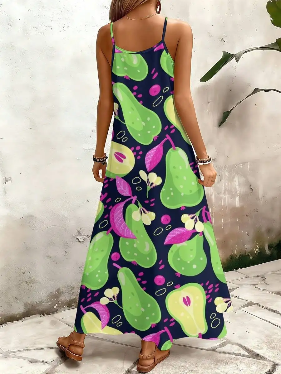 

Fruit Print V-Neck Cami Maxi Dress Green Pears Pink Leaves Summer Beach Wear