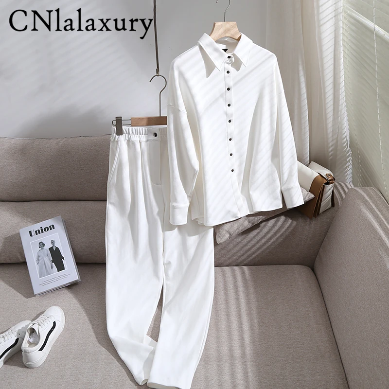 CNlalaxury Autumn Woman Casual Simple Long Sleeve Loose Shirt Solid Color Button Blouse High Waist Elastic Waist Trousers Outfit