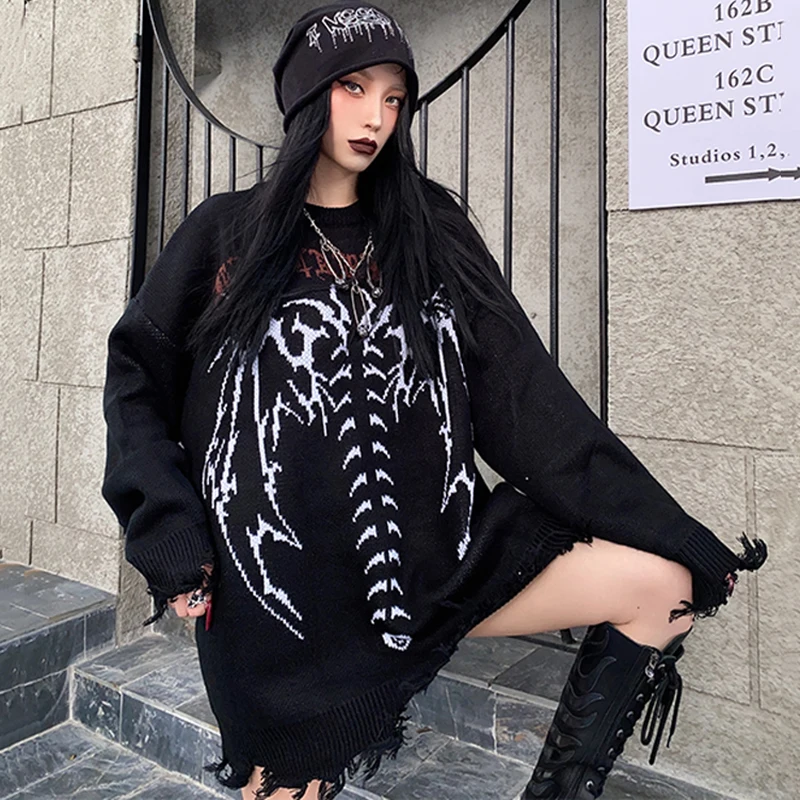 Y2K Skeleton Cashmere Sweater Women Korean Style Loose Warm Knitted Pullover 2024 Winter Outwear Female Jumpers Streetwear Retro