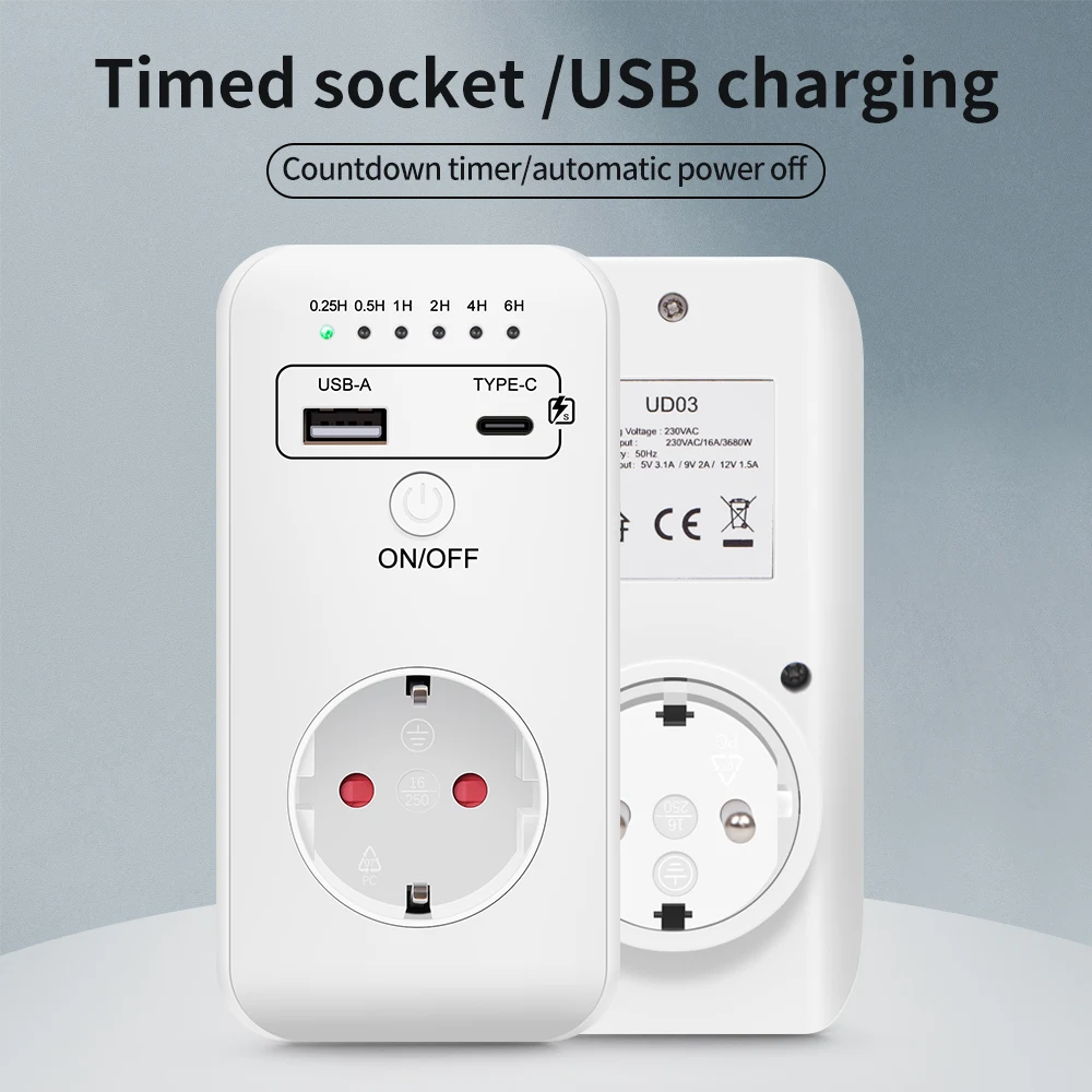 Digital Timer Switch Electronic Countdown Timing Socket EU Plug Outlet Kitchen Appliance Time Control USB Type-C Quick Charger