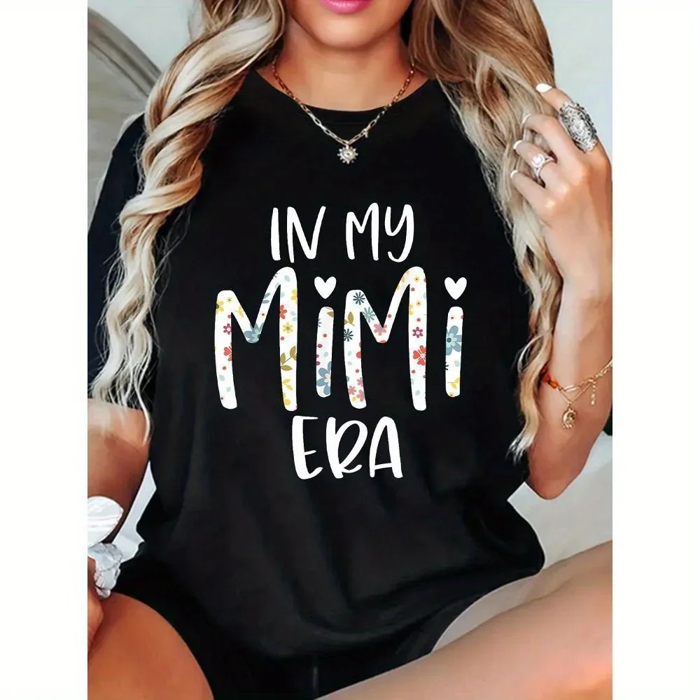 Camiseta gráfica "In My Mimi Era" para mujer, 100%, camiseta informal con cuello redondo, tejido de punto elástico medio