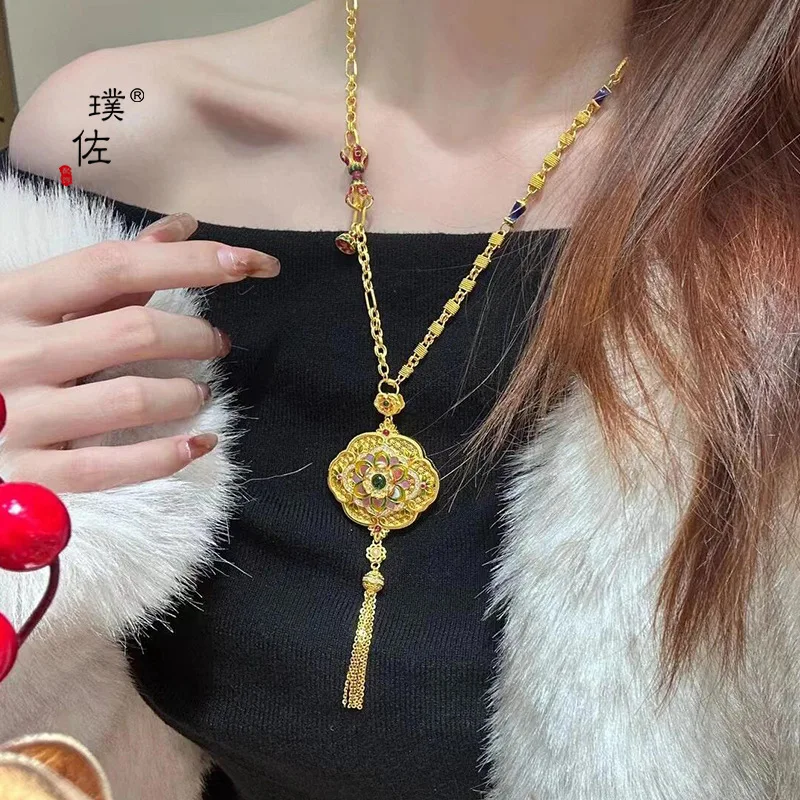 

Gold Shop 9999 24K real gold DIY Flower Blossom Flower Tassel Lock Pack Pendant Necklace Chinese Style Retro