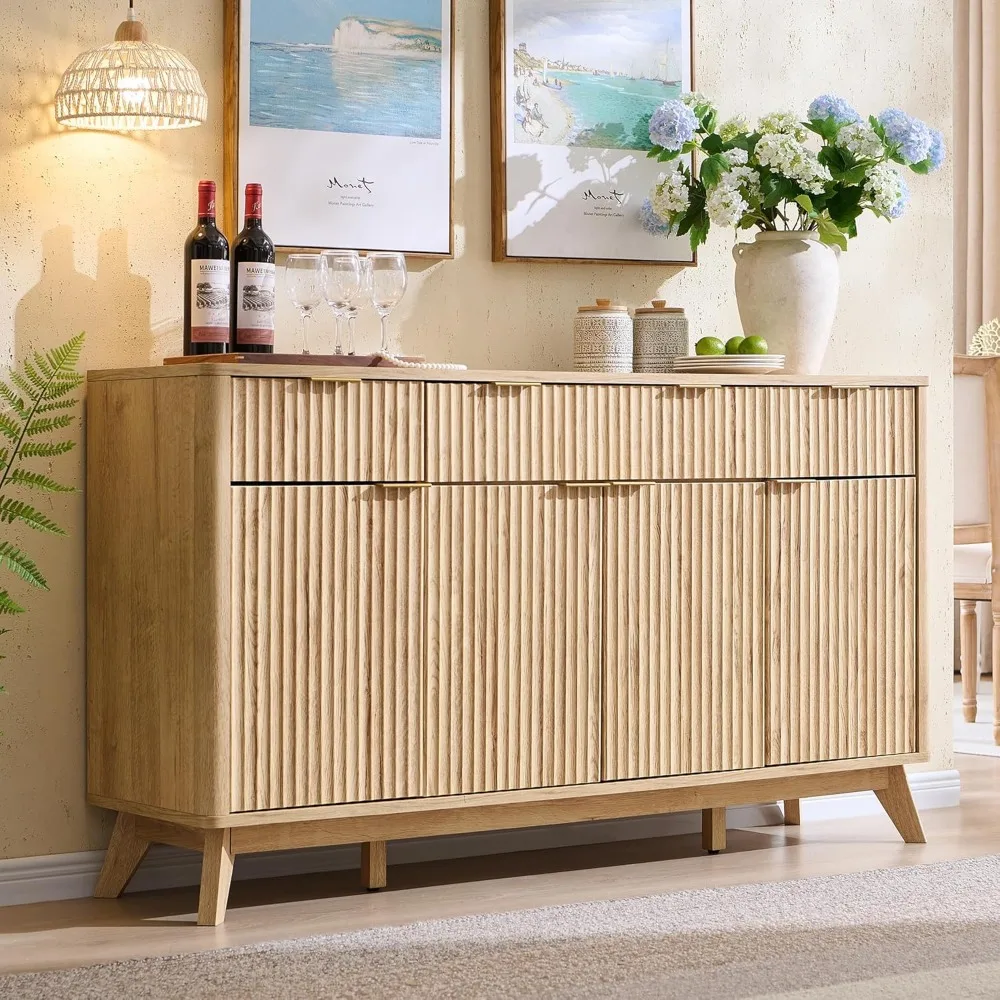 

Fluted Storage Cabinet with Drawers, 60 Morden Buffet Sideboard Coffee Bar Cabinet with 4 Doors and 3 Drawers for Dining Roo